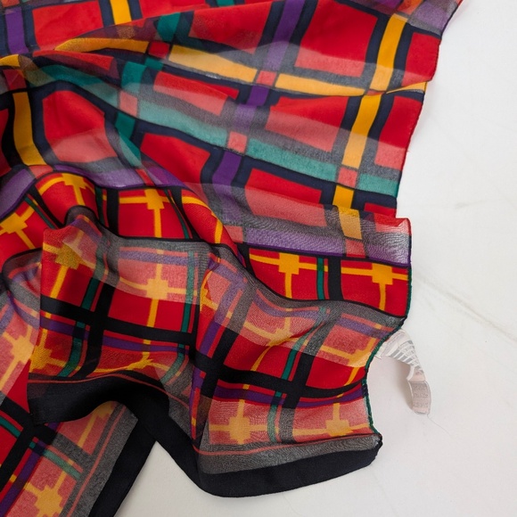 90s Plaid Scarf Abstract Rectangular Sheer Primary Colours Grid Tartan - Picture 3 of 8